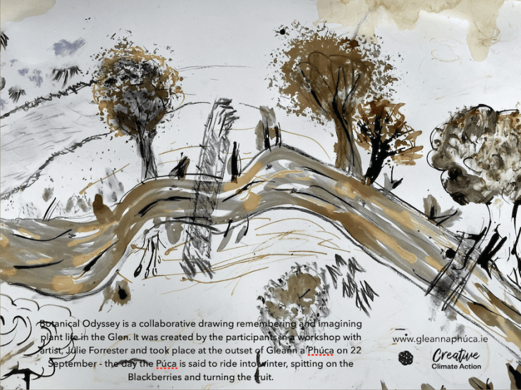 a photo of an ink drawing of a river with trees