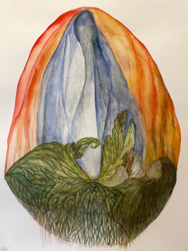 A pohotoof an artwork Awakening by Julie Forrester. Water colour showing a 2 figures one caped in blue and surrounded by firey colours and one emerging from green vegetation