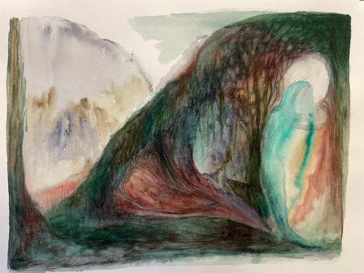 A photogrpah of a water colour by Julie Forrester showing a fgure walking into the woods in moonlight